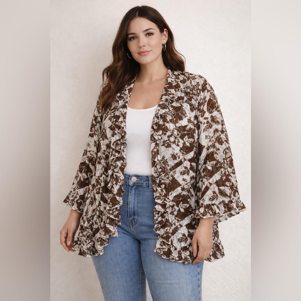 Gigio Plus Size 1X Open Cardigan kimono Ruffle Shiffon Lightweight Coquette chic